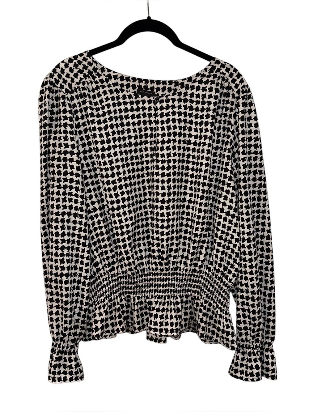 Ann Taylor XL Peplum Blouse Houndstooth Check Print Ruffle Cuff Office Casual